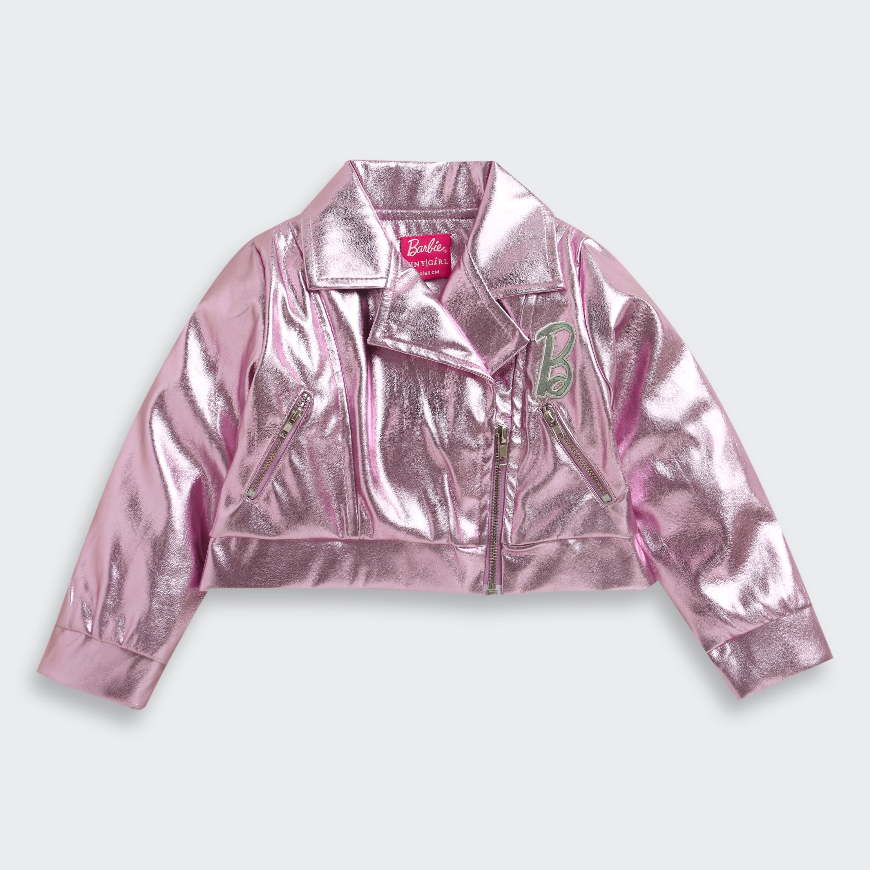 Barbie Metallic Pink Faux Leather Jacket For Girls | Trendy Party Outerwear | Kids | Tiny Girl India