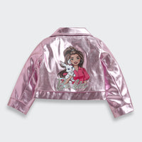 Barbie Metallic Pink Faux Leather Jacket For Girls | Trendy Party Outerwear | Kids | Tiny Girl India