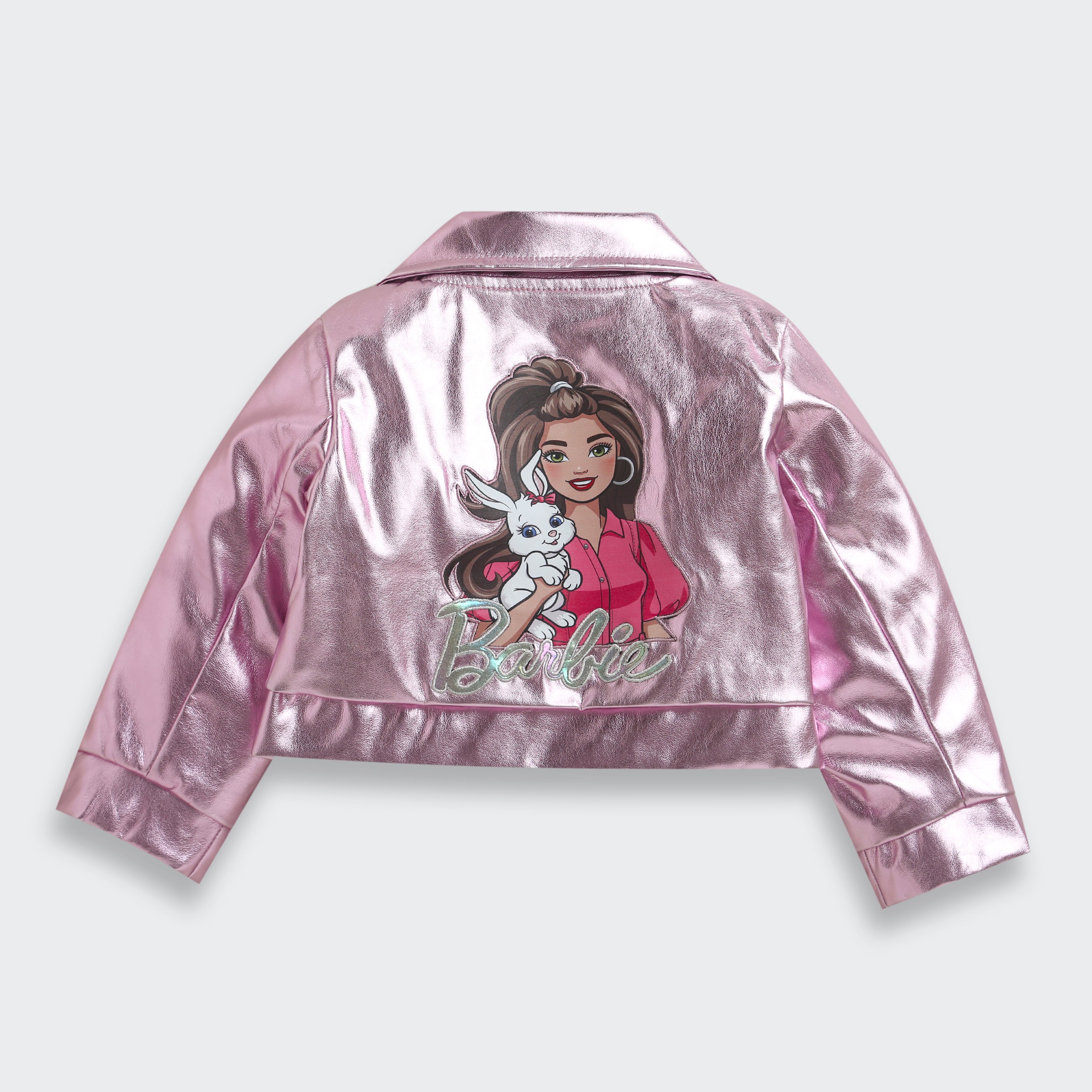 Barbie Metallic Pink Faux Leather Jacket For Girls | Trendy Party Outerwear | Kids | Tiny Girl India
