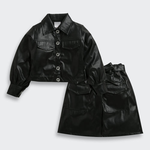 Cool Party Look Black Faux Leather Co-ord Set BASET363