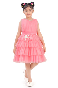 Barbie Peach Net Layered Embellished Party Dress For Girls | Pearl Neckline Frock | Kids | Tiny Girl India