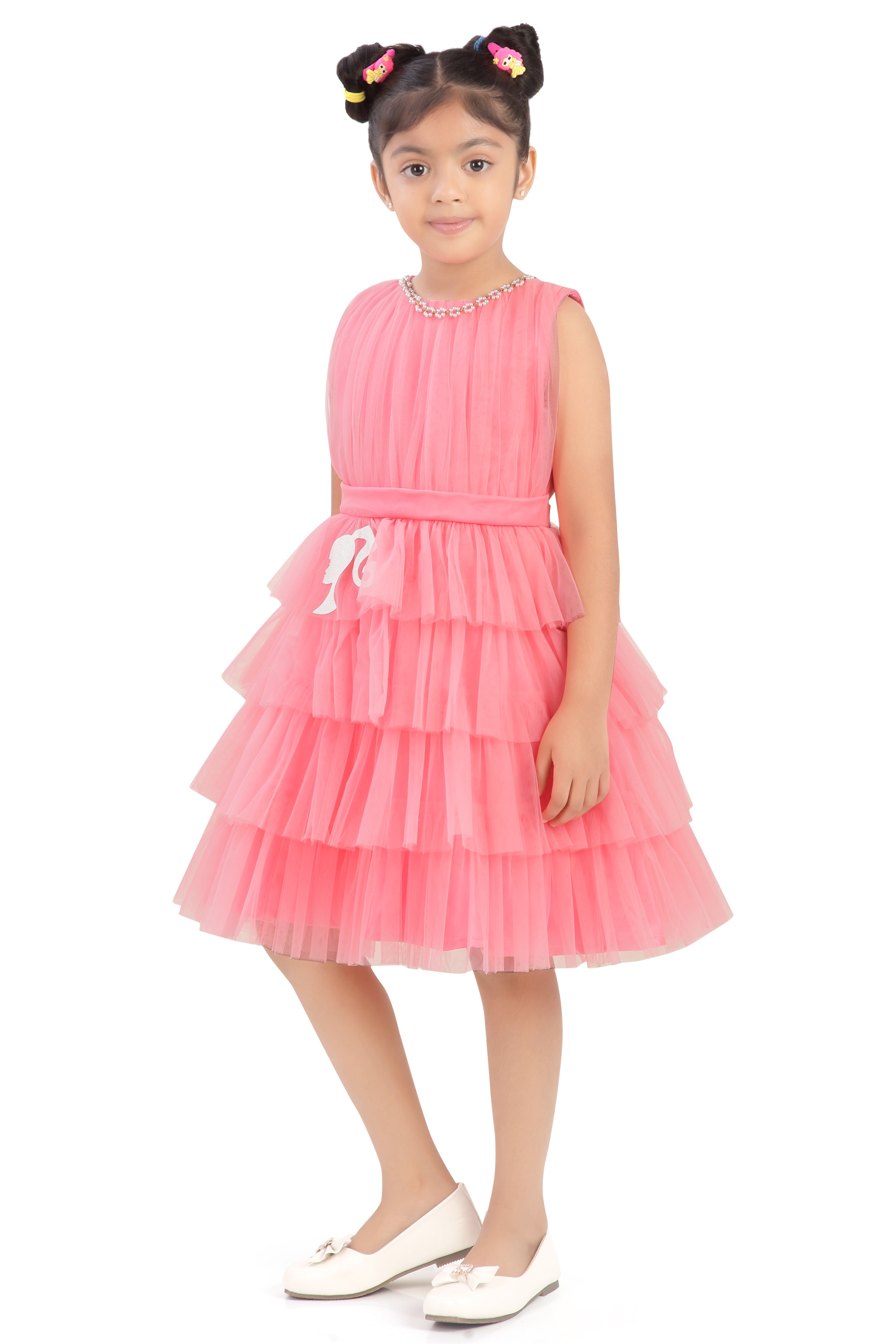 Barbie Peach Net Layered Embellished Party Dress For Girls | Pearl Neckline Frock | Kids | Tiny Girl India