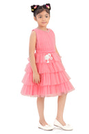 Barbie Peach Net Layered Embellished Party Dress For Girls | Pearl Neckline Frock | Kids | Tiny Girl India