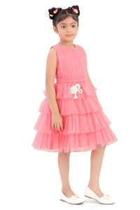 Barbie Peach Net Layered Embellished Party Dress For Girls | Pearl Neckline Frock | Kids | Tiny Girl India