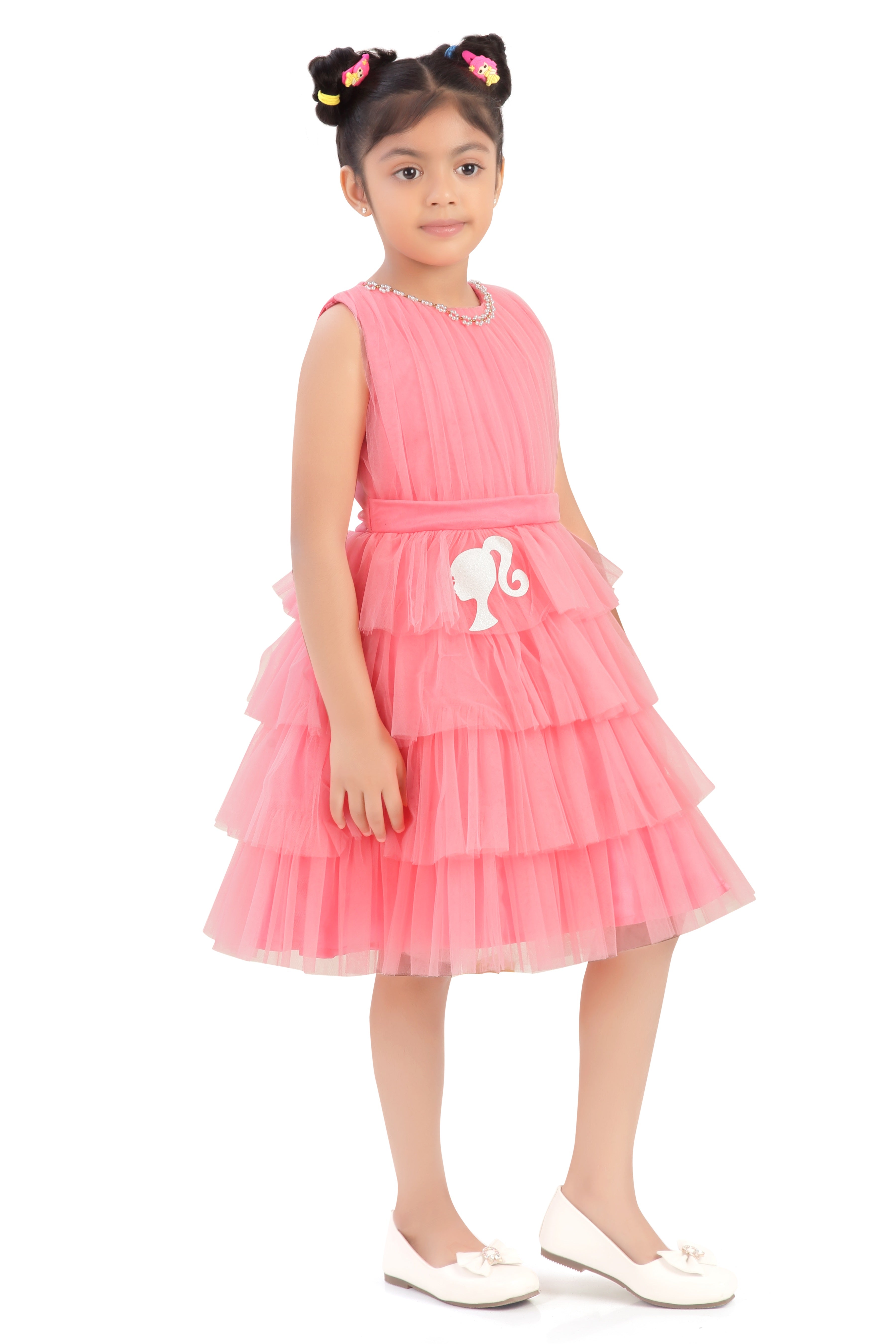 Barbie Peach Net Layered Embellished Party Dress For Girls | Pearl Neckline Frock | Kids | Tiny Girl India