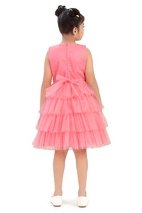 Barbie Peach Net Layered Embellished Party Dress For Girls | Pearl Neckline Frock | Kids | Tiny Girl India