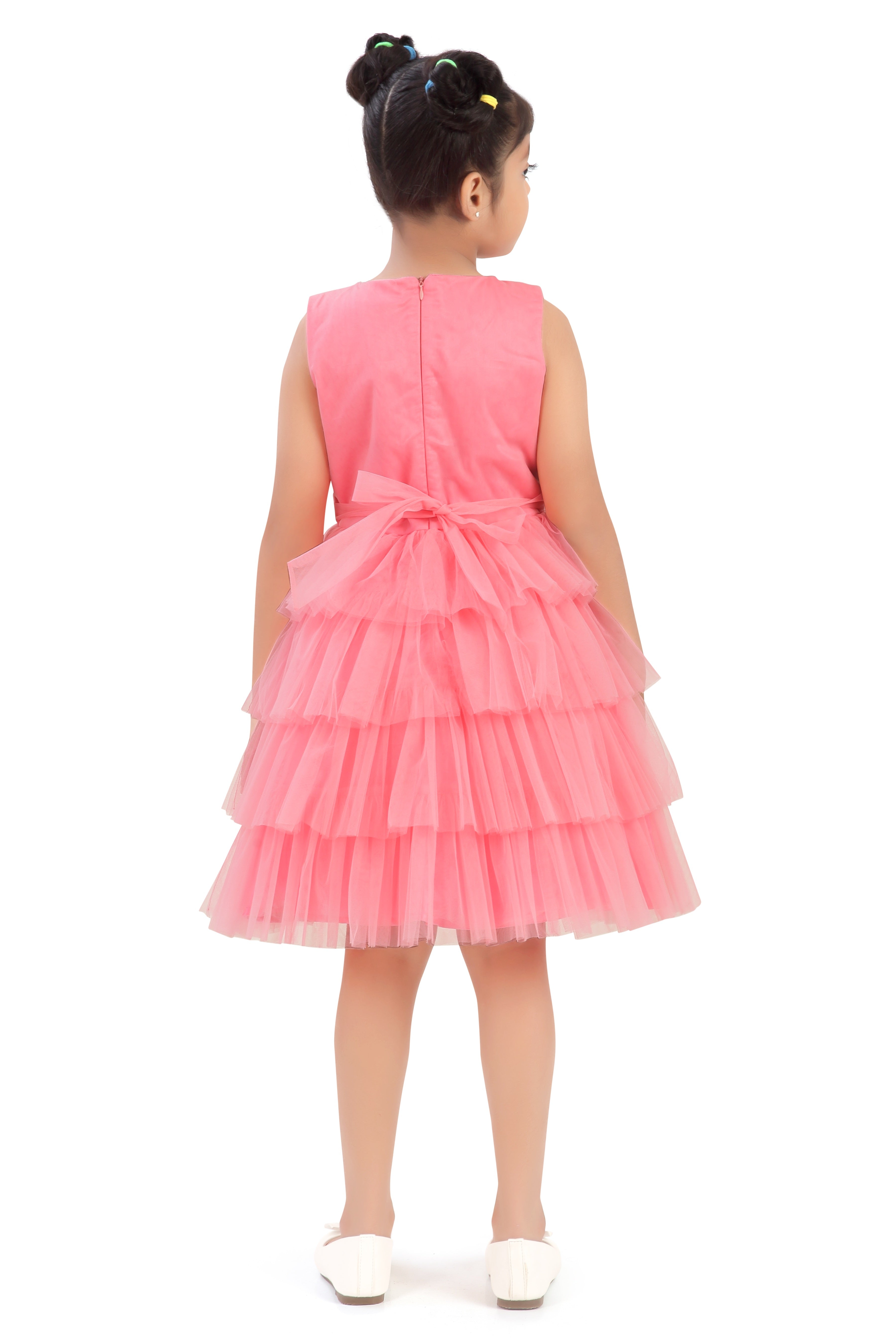 Barbie Peach Net Layered Embellished Party Dress For Girls | Pearl Neckline Frock | Kids | Tiny Girl India