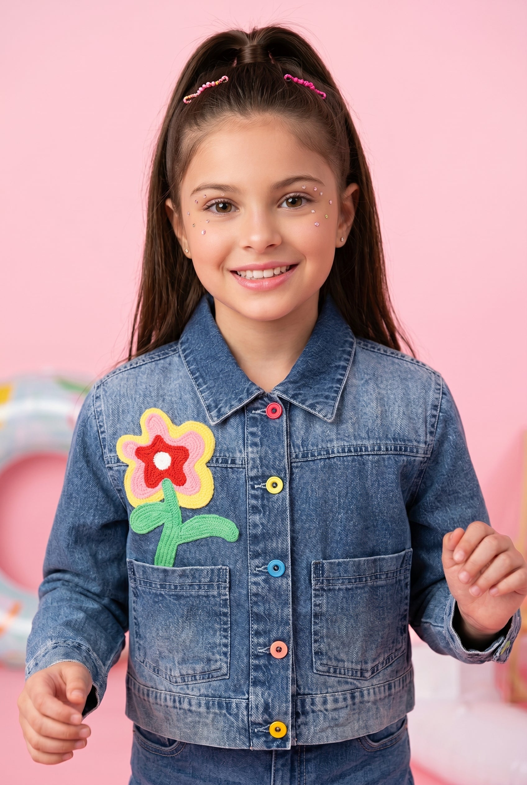 Dark Blue Floral Patch Denim Jacket J397