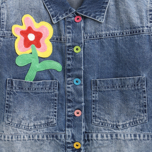 Dark Blue Floral Patch Denim Jacket J397