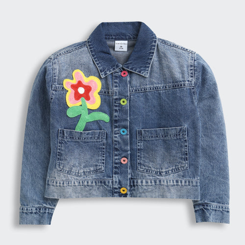 Dark Blue Floral Patch Denim Jacket J397