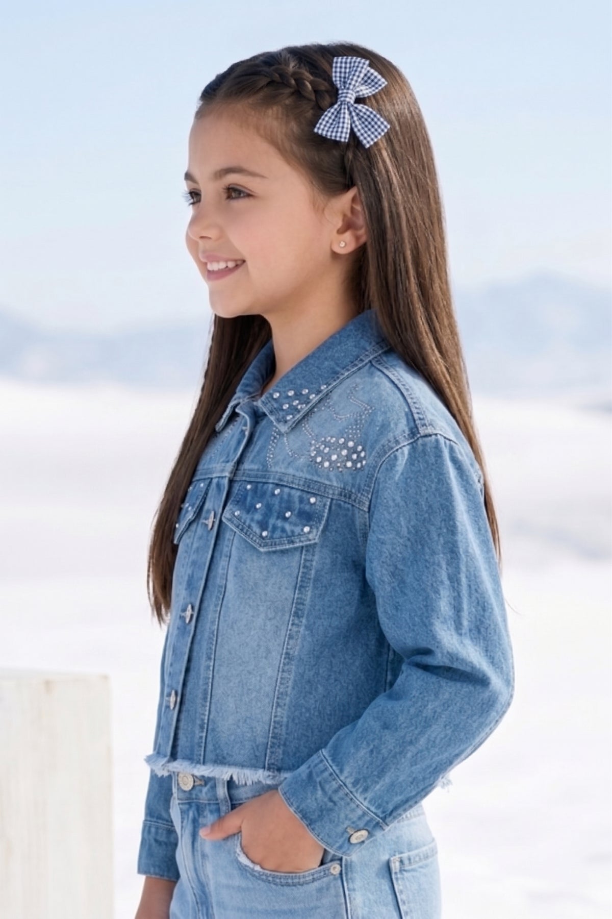 Light Blue Embellished Cropped Denim Jacket J521