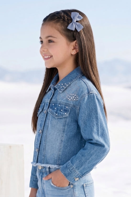 Light Blue Embellished Cropped Denim Jacket J521