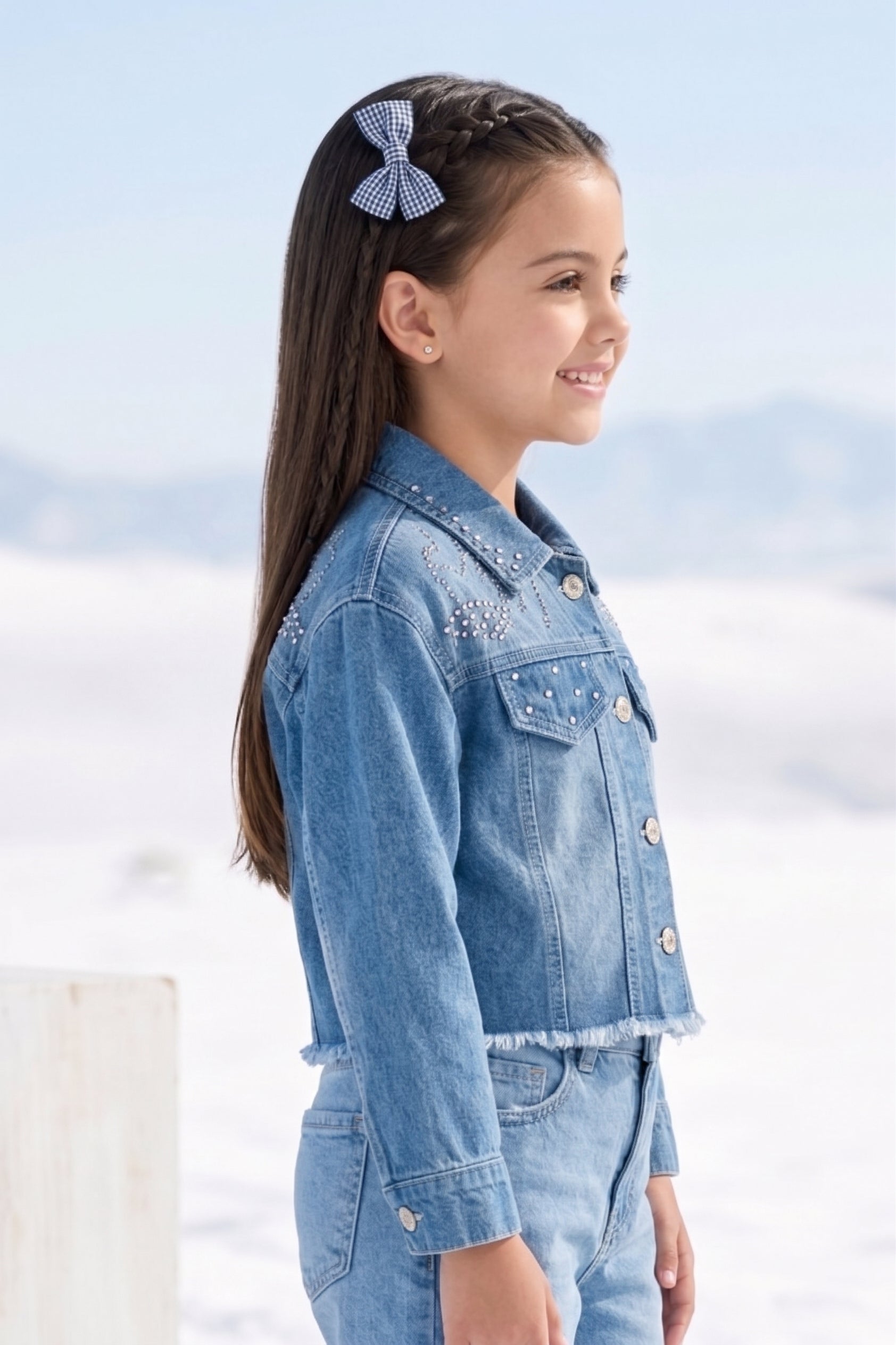 Light Blue Embellished Cropped Denim Jacket J521