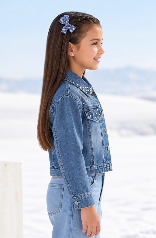 Light Blue Embellished Cropped Denim Jacket J521