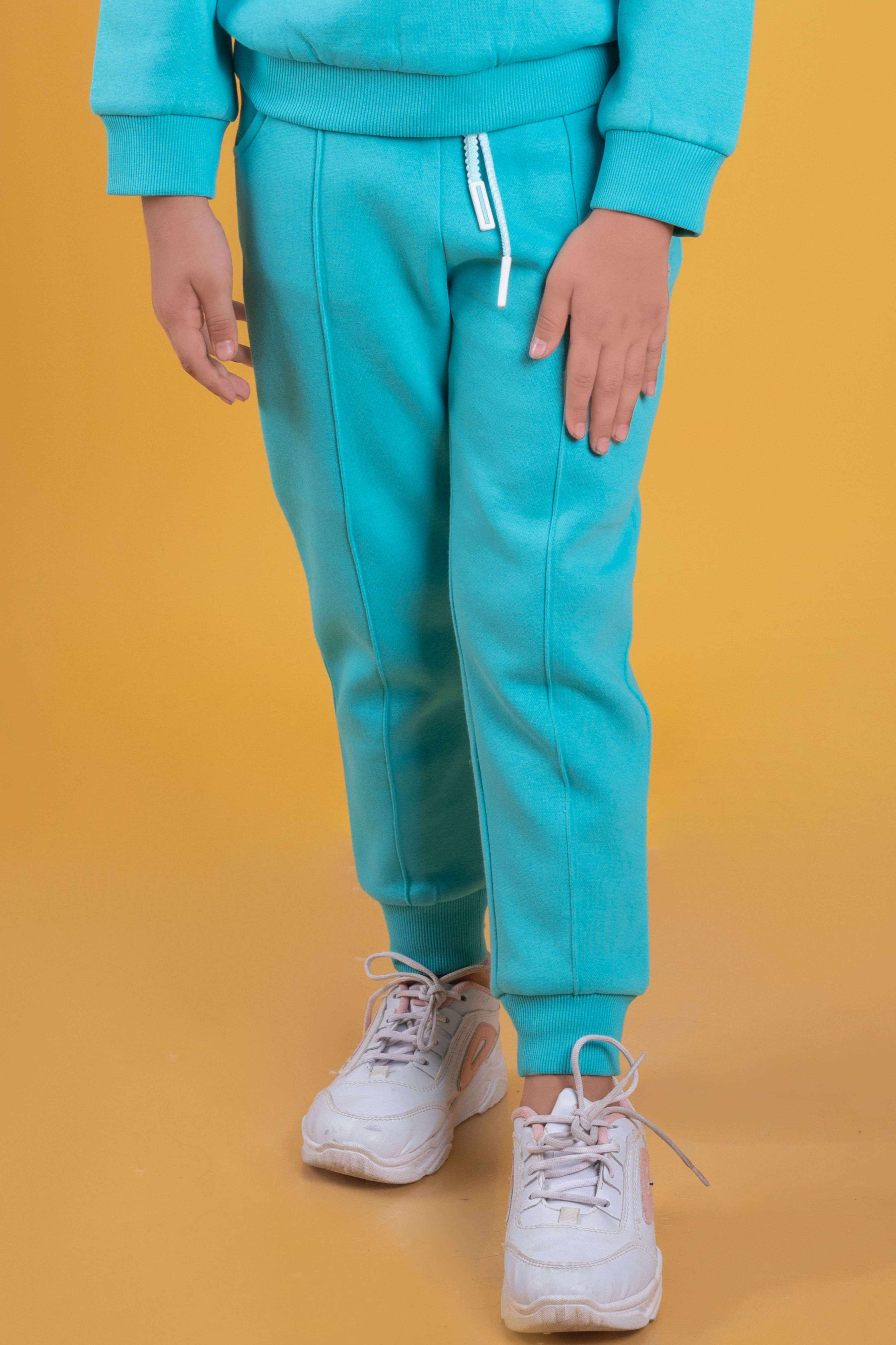Tiny Girl Aqua Blue Fleece Jogger Pants for Girls | Soft Winter Track Bottoms | Comfortable Kids Wear | Tiny Girl India