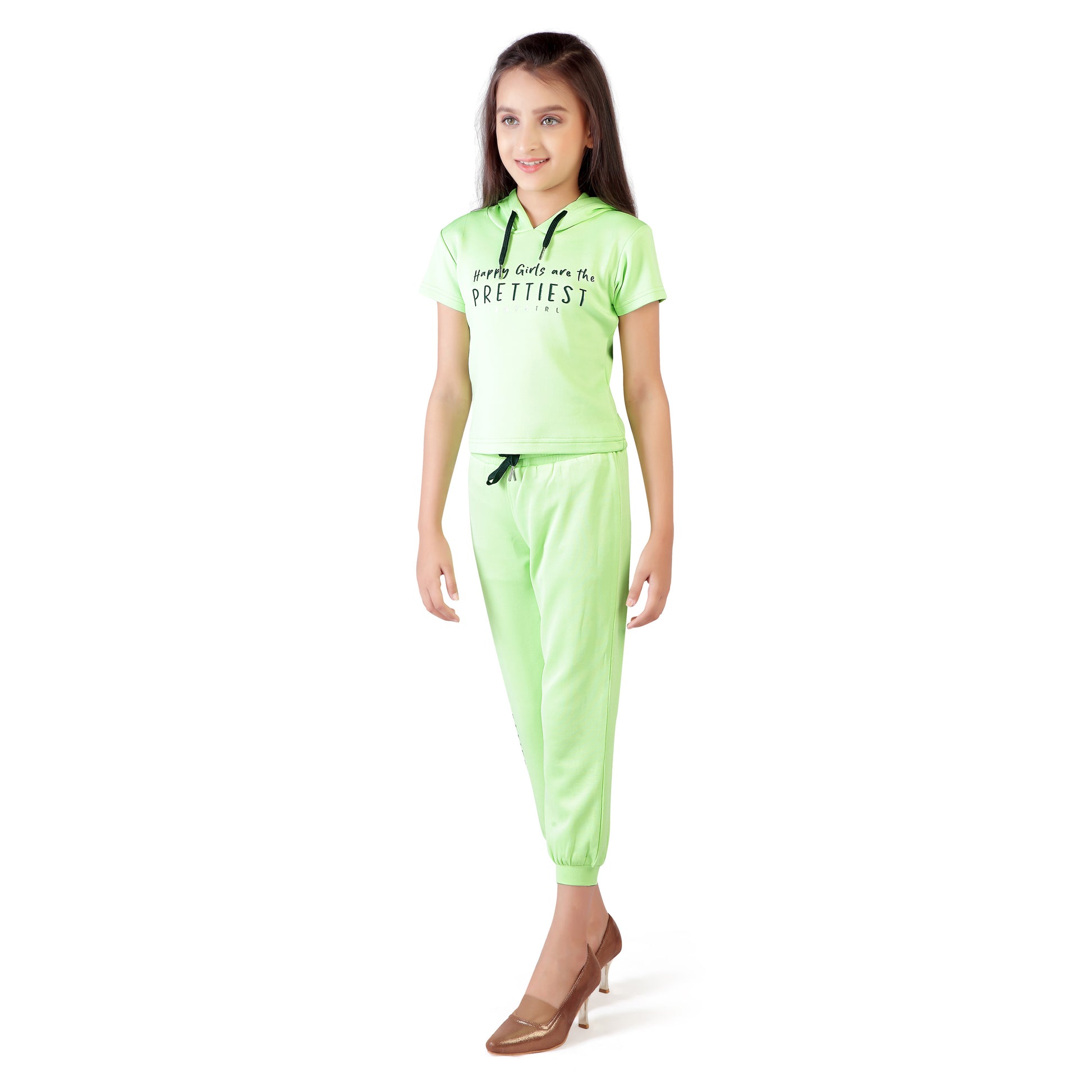 Pastle Neon Green Color Hoodie  & Ankle Length Joggers Set Adorn With Glitter Print