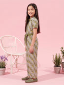 Olive Green Geometric Print Jumpsuit with Belt JP377