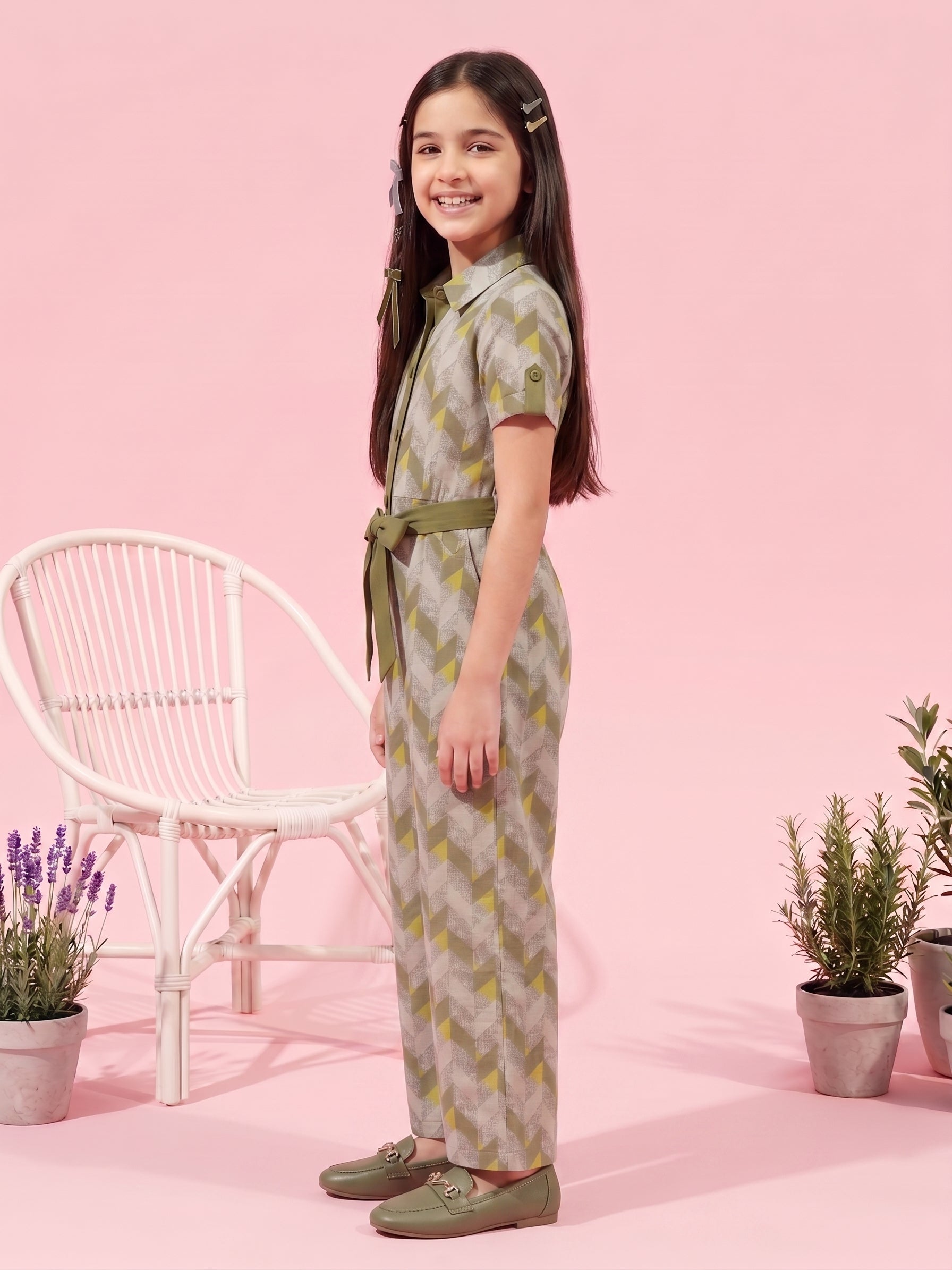 Olive Green Geometric Print Jumpsuit with Belt JP377