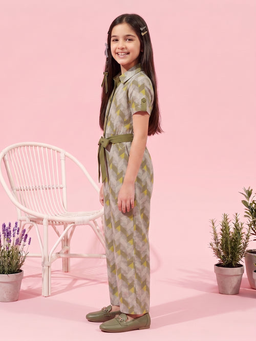 Olive Green Geometric Print Jumpsuit with Belt JP377