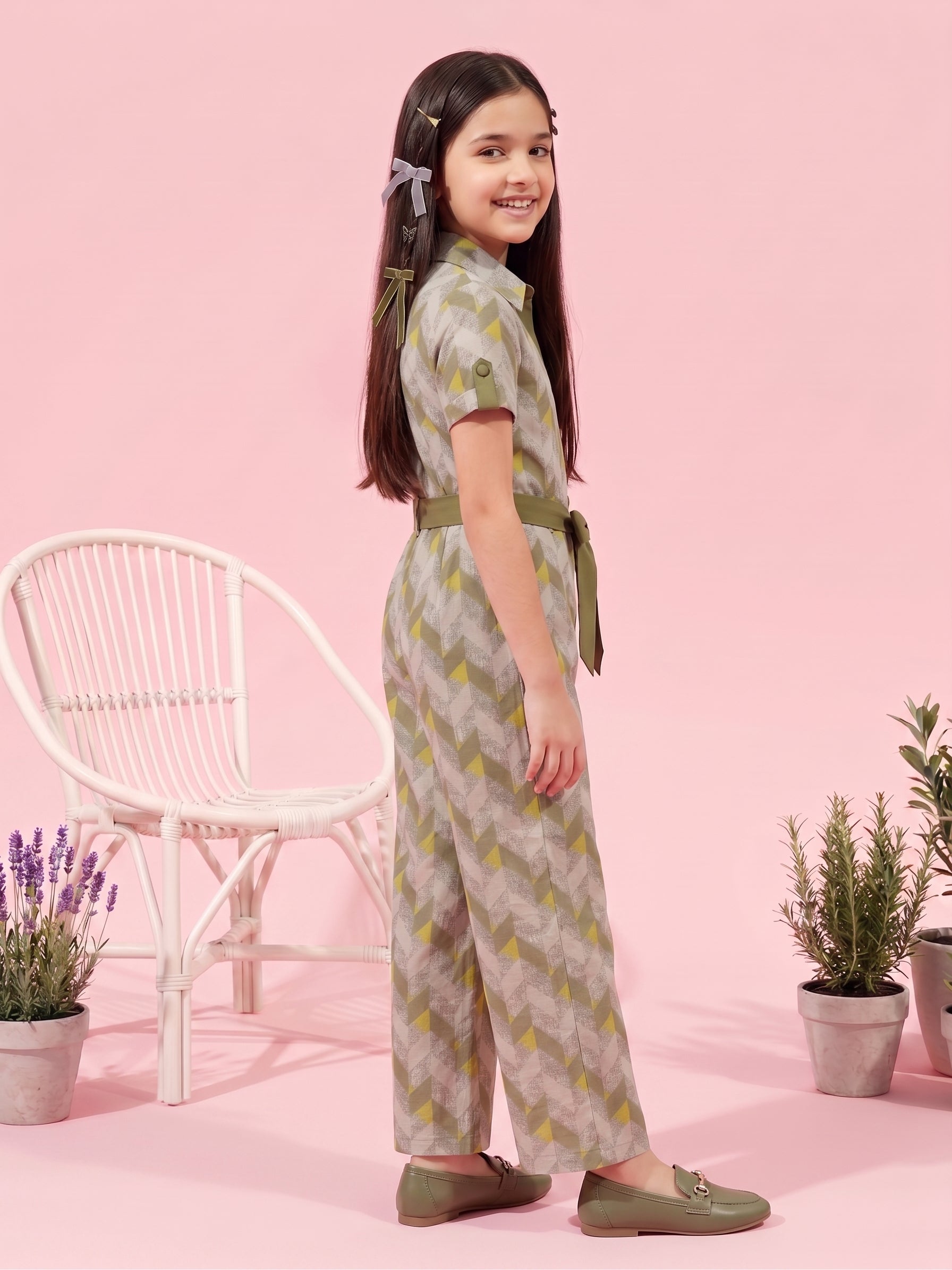 Olive Green Geometric Print Jumpsuit with Belt JP377