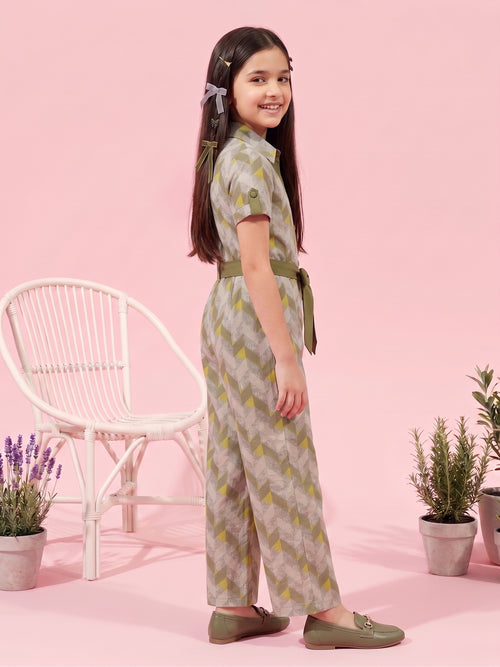 Olive Green Geometric Print Jumpsuit with Belt JP377