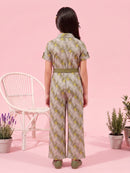 Olive Green Geometric Print Jumpsuit with Belt JP377