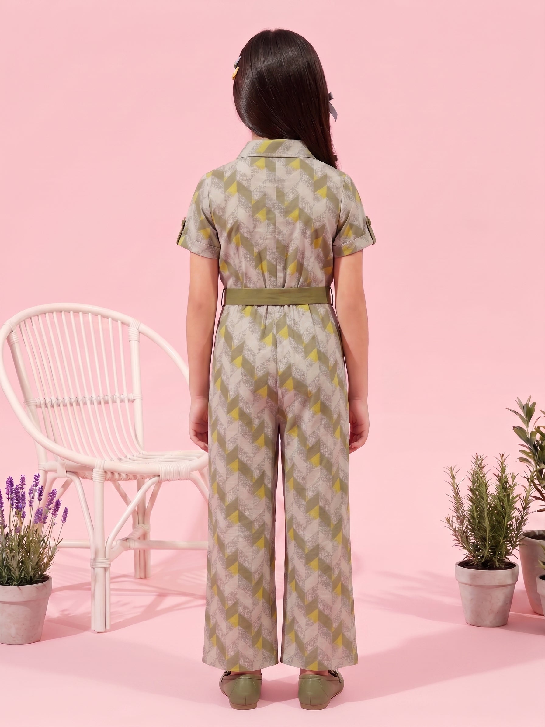 Olive Green Geometric Print Jumpsuit with Belt JP377
