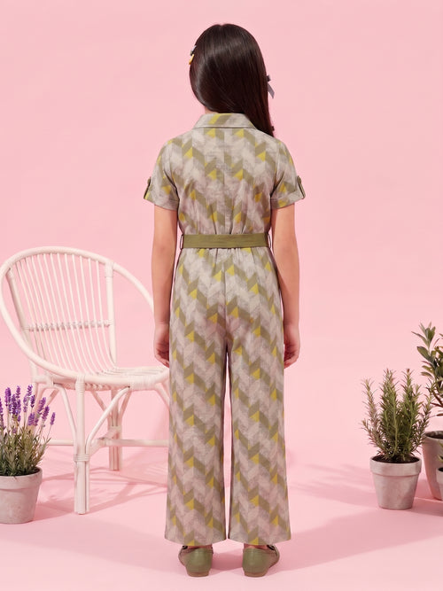 Olive Green Geometric Print Jumpsuit with Belt JP377
