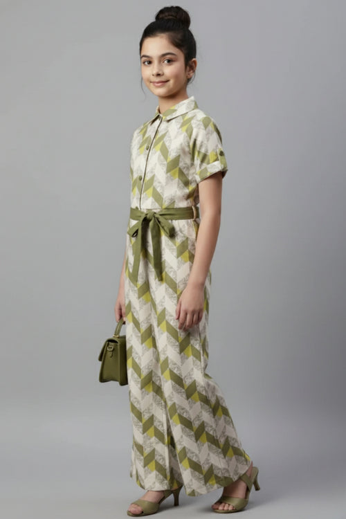 Olive Green Geometric Print Jumpsuit with Belt JP377