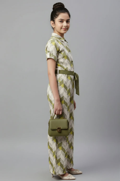 Olive Green Geometric Print Jumpsuit with Belt JP377