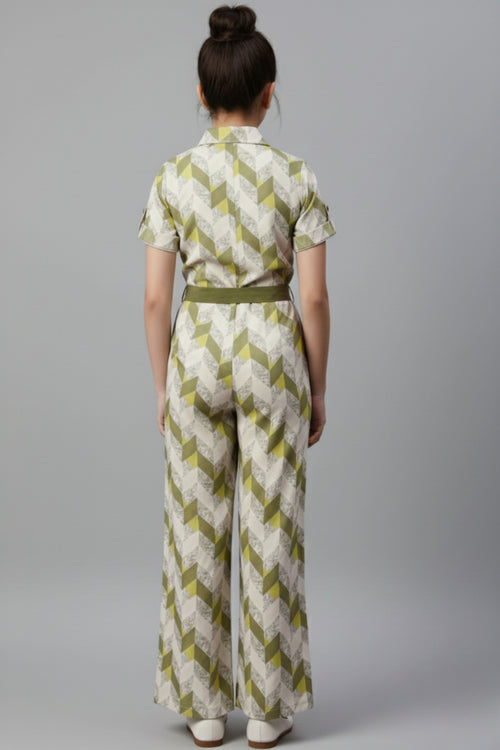 Olive Green Geometric Print Jumpsuit with Belt JP377