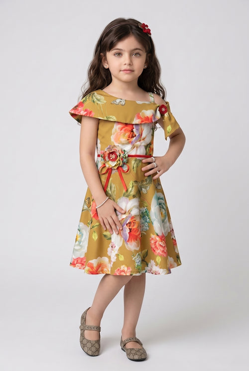 Mustard Floral Print Cold-Shoulder Fit & Flare Dress M1371