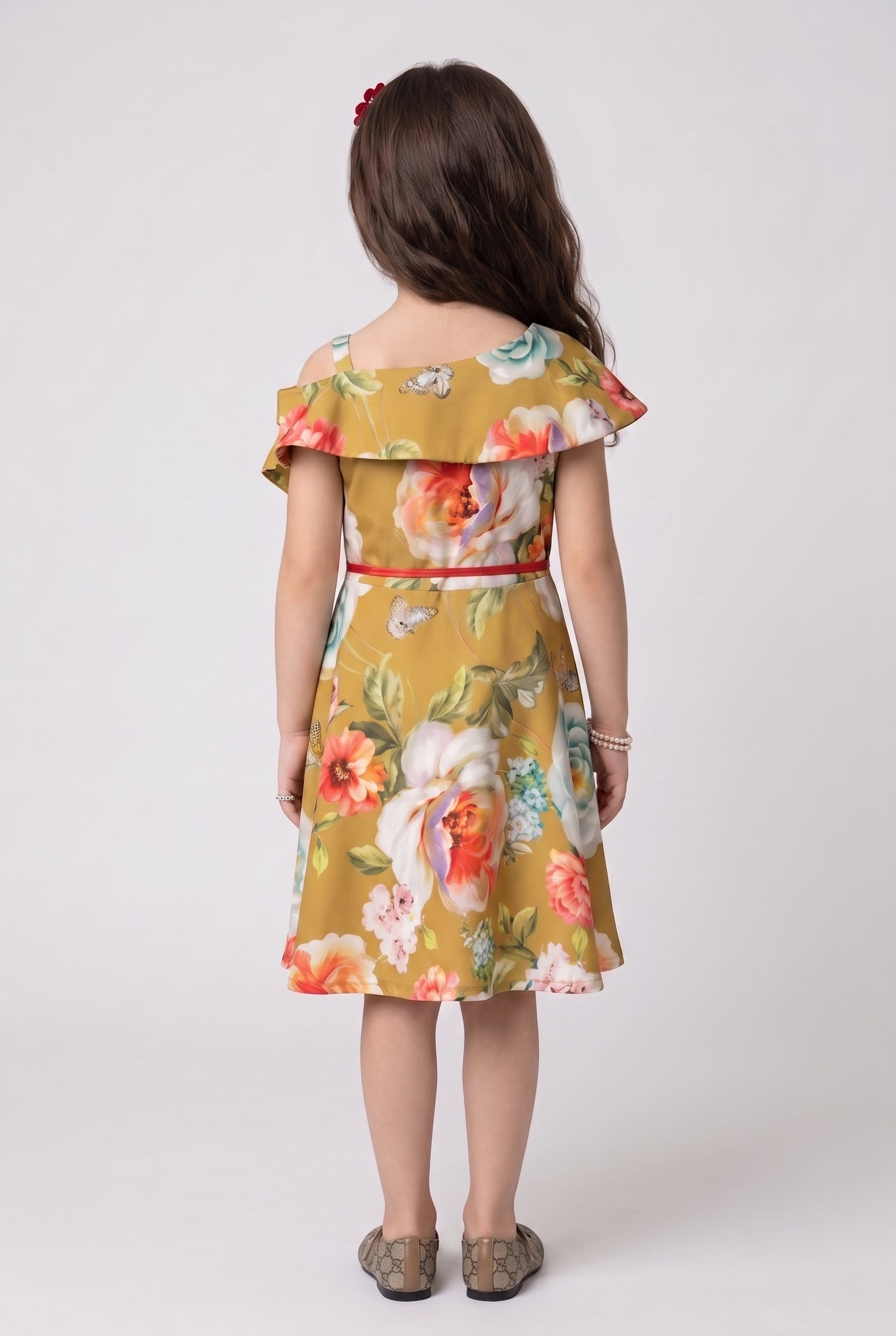 Mustard Floral Print Cold-Shoulder Fit & Flare Dress M1371