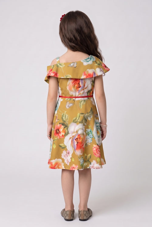 Mustard Floral Print Cold-Shoulder Fit & Flare Dress M1371