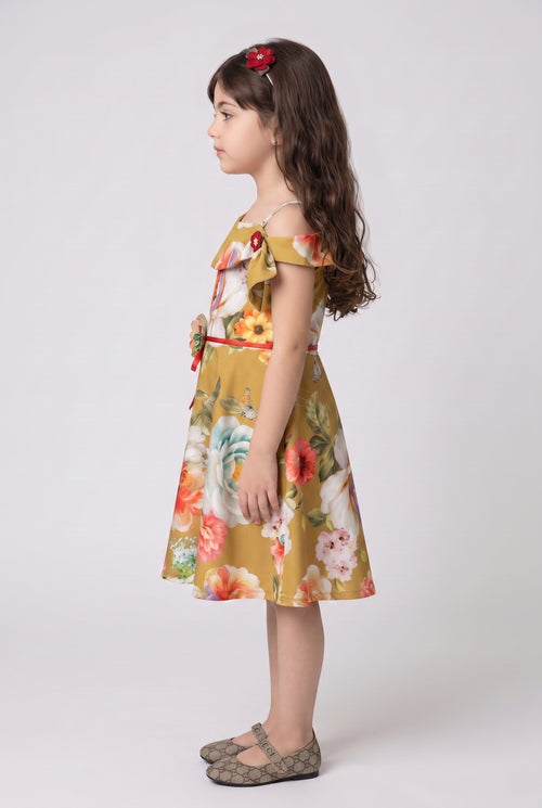 Mustard Floral Print Cold-Shoulder Fit & Flare Dress M1371