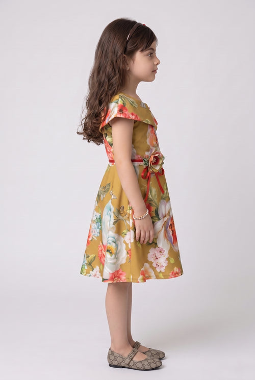 Mustard Floral Print Cold-Shoulder Fit & Flare Dress M1371