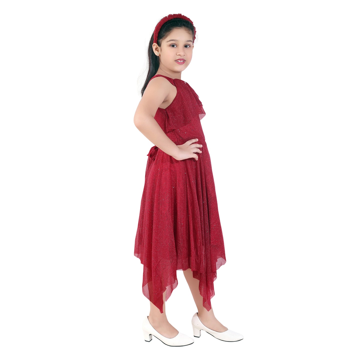 Shimmer Handkerchief Cut Middi With Pleats And Double Layering Body.