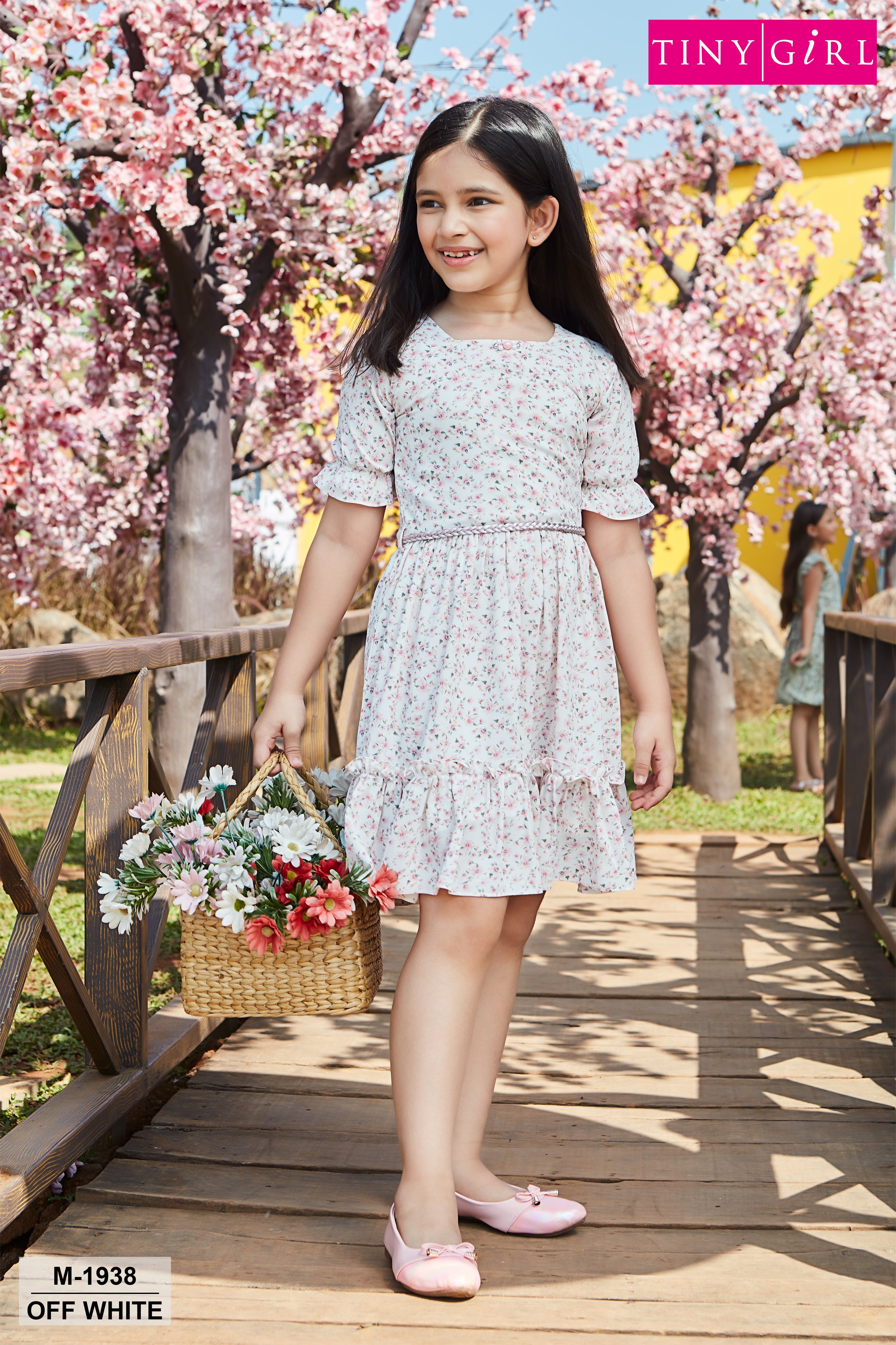 Tiny Girl Half Sleeves Seamless Vintage Wallpaper Style Floral Printed & Ruffle Detailed Fit & Flare Dress - Off White