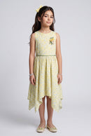 Yellow Floral Asymmetric Hem Party Dress M1939