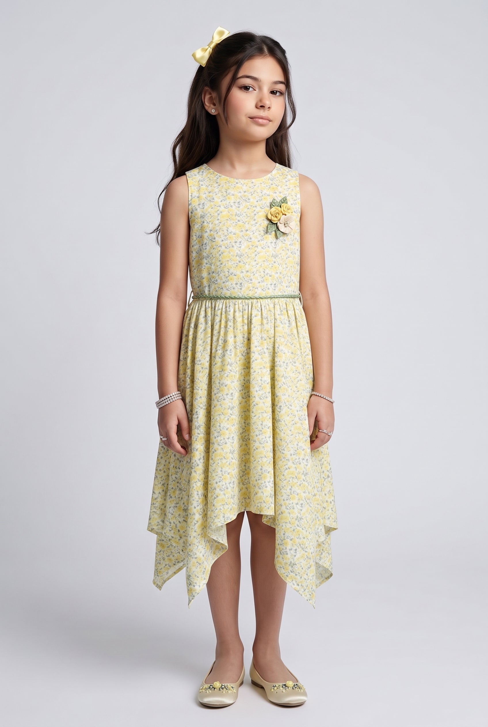Yellow Floral Asymmetric Hem Party Dress M1939