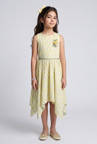 Yellow Floral Asymmetric Hem Party Dress M1939