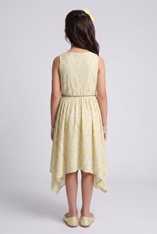 Yellow Floral Asymmetric Hem Party Dress M1939
