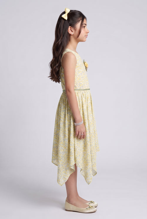 Yellow Floral Asymmetric Hem Party Dress M1939