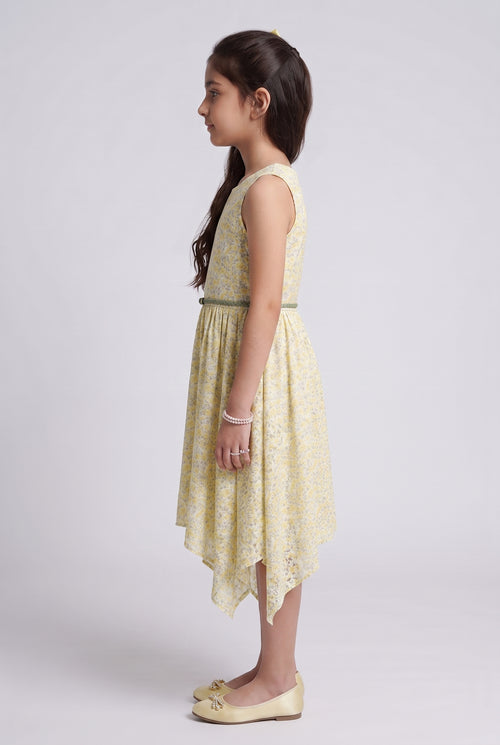 Yellow Floral Asymmetric Hem Party Dress M1939