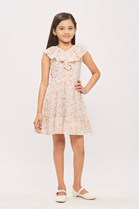 Tiny Girl  Cap Sleeves Frilled Neckline All Over Floral Garden Theme Printed Midi Dress - Peach