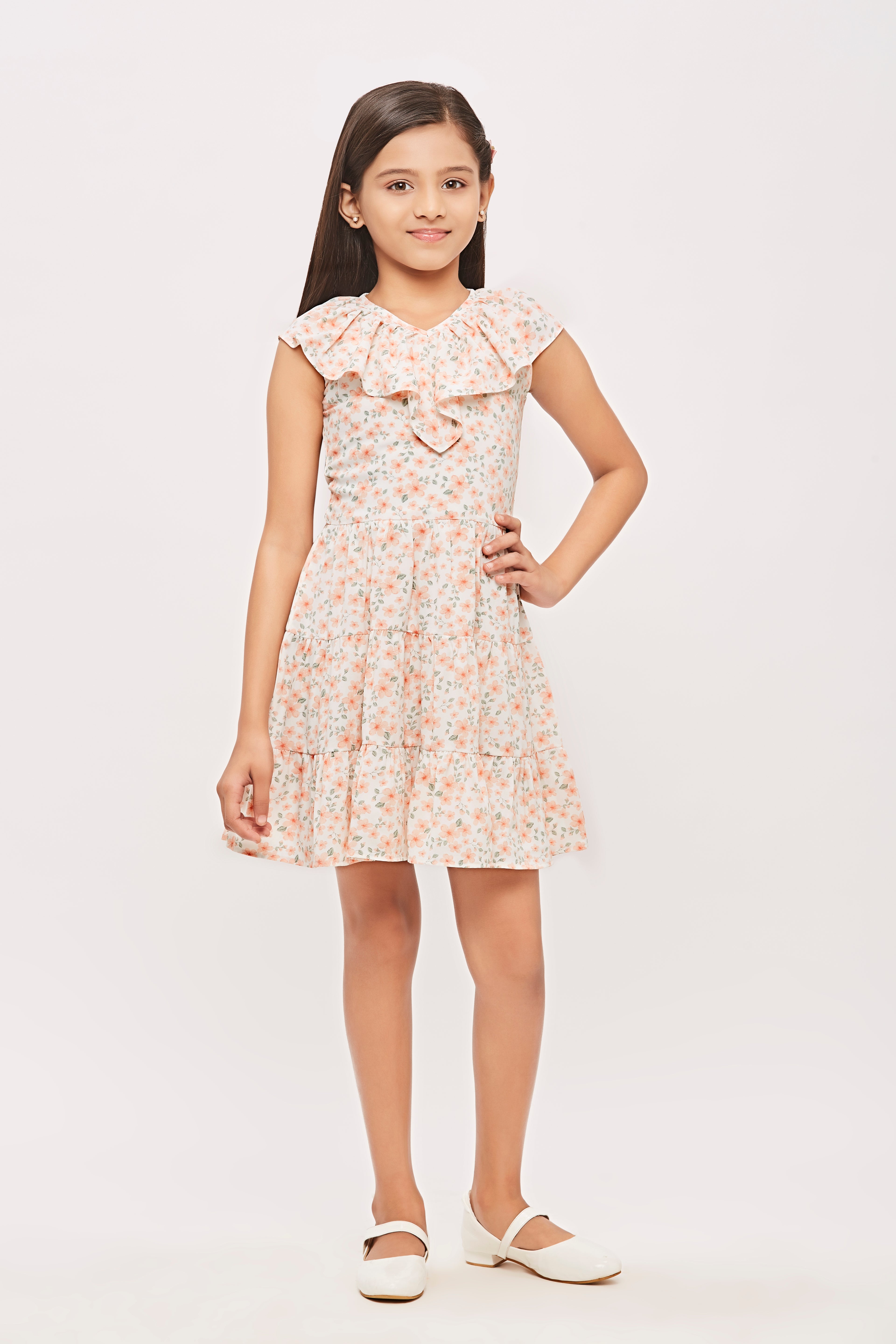 Tiny Girl  Cap Sleeves Frilled Neckline All Over Floral Garden Theme Printed Midi Dress - Peach