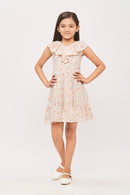 Tiny Girl  Cap Sleeves Frilled Neckline All Over Floral Garden Theme Printed Midi Dress - Peach