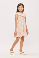 Tiny Girl  Cap Sleeves Frilled Neckline All Over Floral Garden Theme Printed Midi Dress - Peach