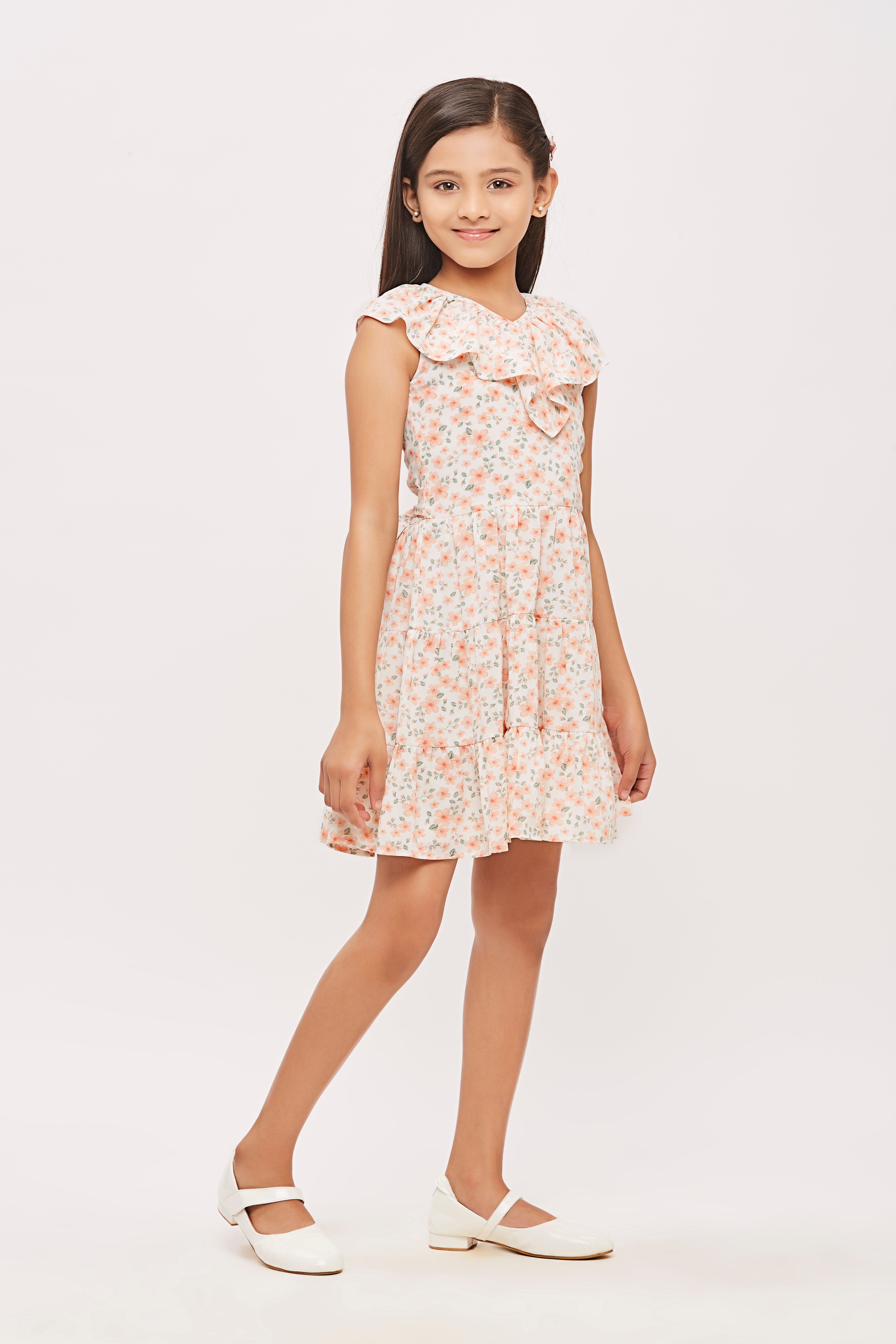 Tiny Girl  Cap Sleeves Frilled Neckline All Over Floral Garden Theme Printed Midi Dress - Peach