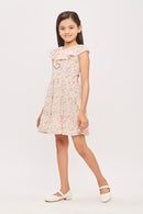 Tiny Girl  Cap Sleeves Frilled Neckline All Over Floral Garden Theme Printed Midi Dress - Peach